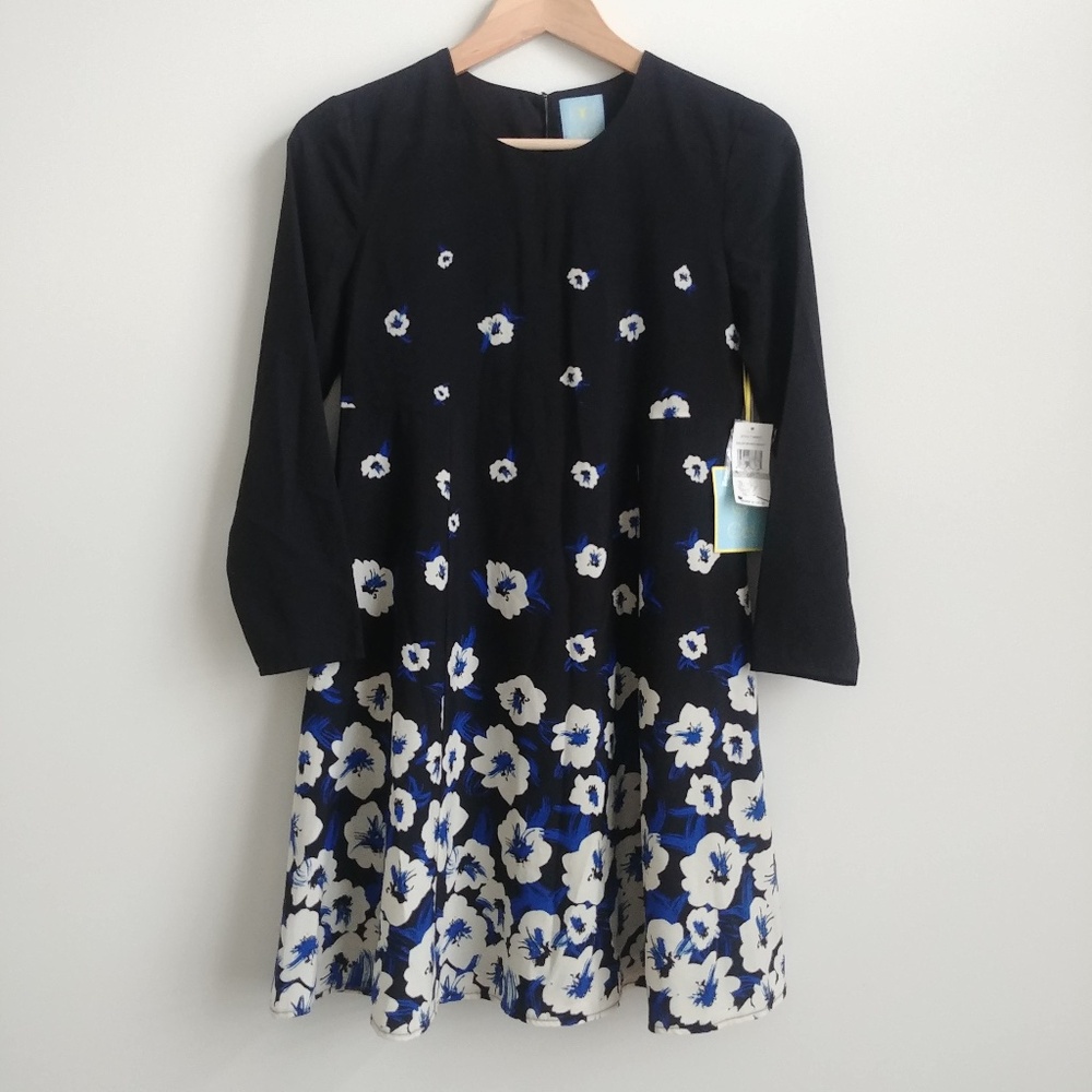 NEW WITH TAGS CeCe Black Mini Dress White Blue Flowers 0P